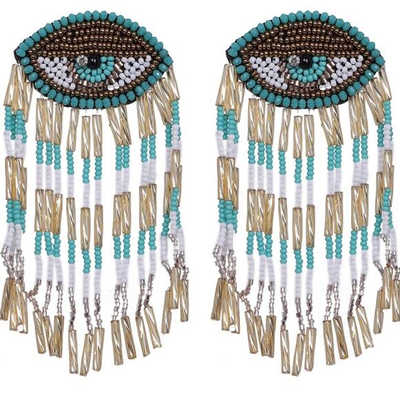 Turquoise White Gold Beaded Dangle Drop Evil Eye Earrings - Picture 2 of 2